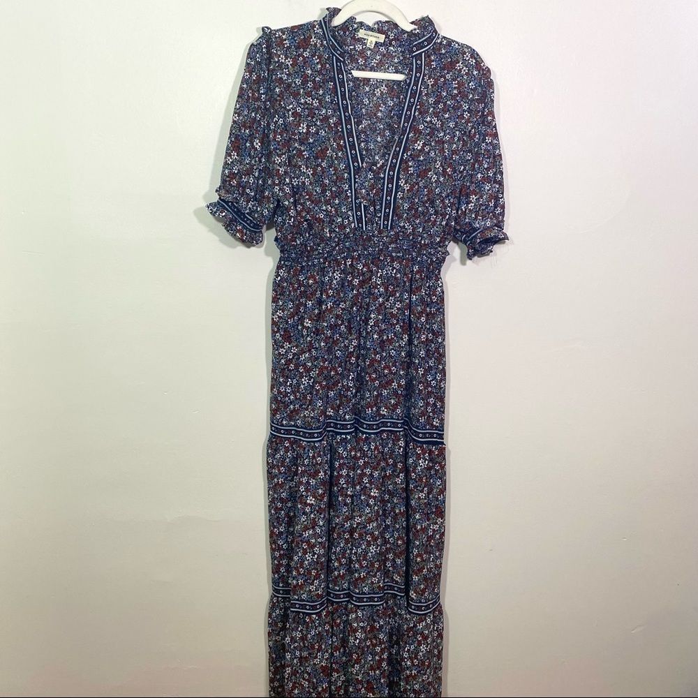 MAX STUDIO Blue Floral 3/4 Sleeve Peasant Maxi Dress - Size XL